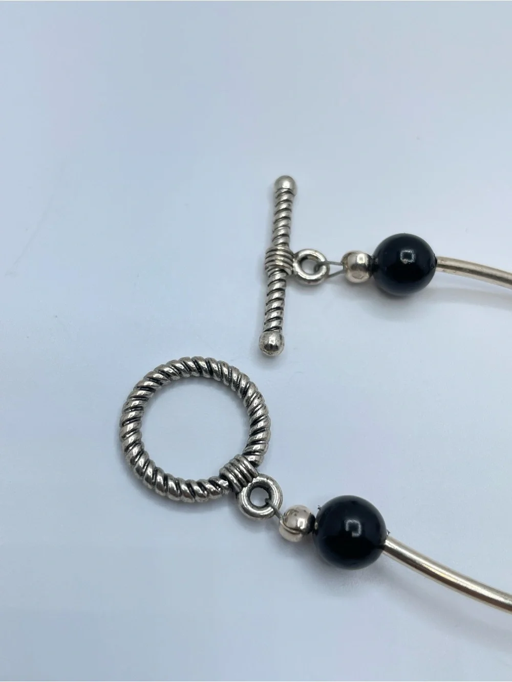 Silver Tone Beaded Necklace MOP Disc Faux Pearl Black Bead Toggle Boho